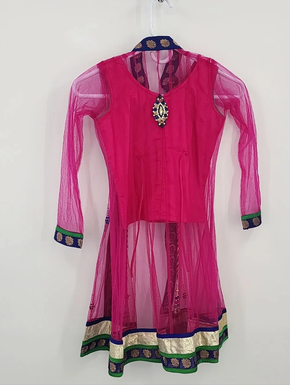 Pink and Ivory Ethnic Anarkali Set with Blue-Green Trim, Size 7 Years